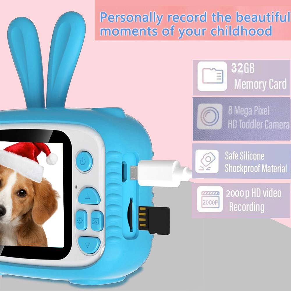 Kids Video Camera,Kids Digital Camera Recorder Shockproof Cameras HD 8 Mega Pixel 2 Inch IPS Screen Kids Mini Camera with 32GB SD for Girls Boys Gifts(Blue)