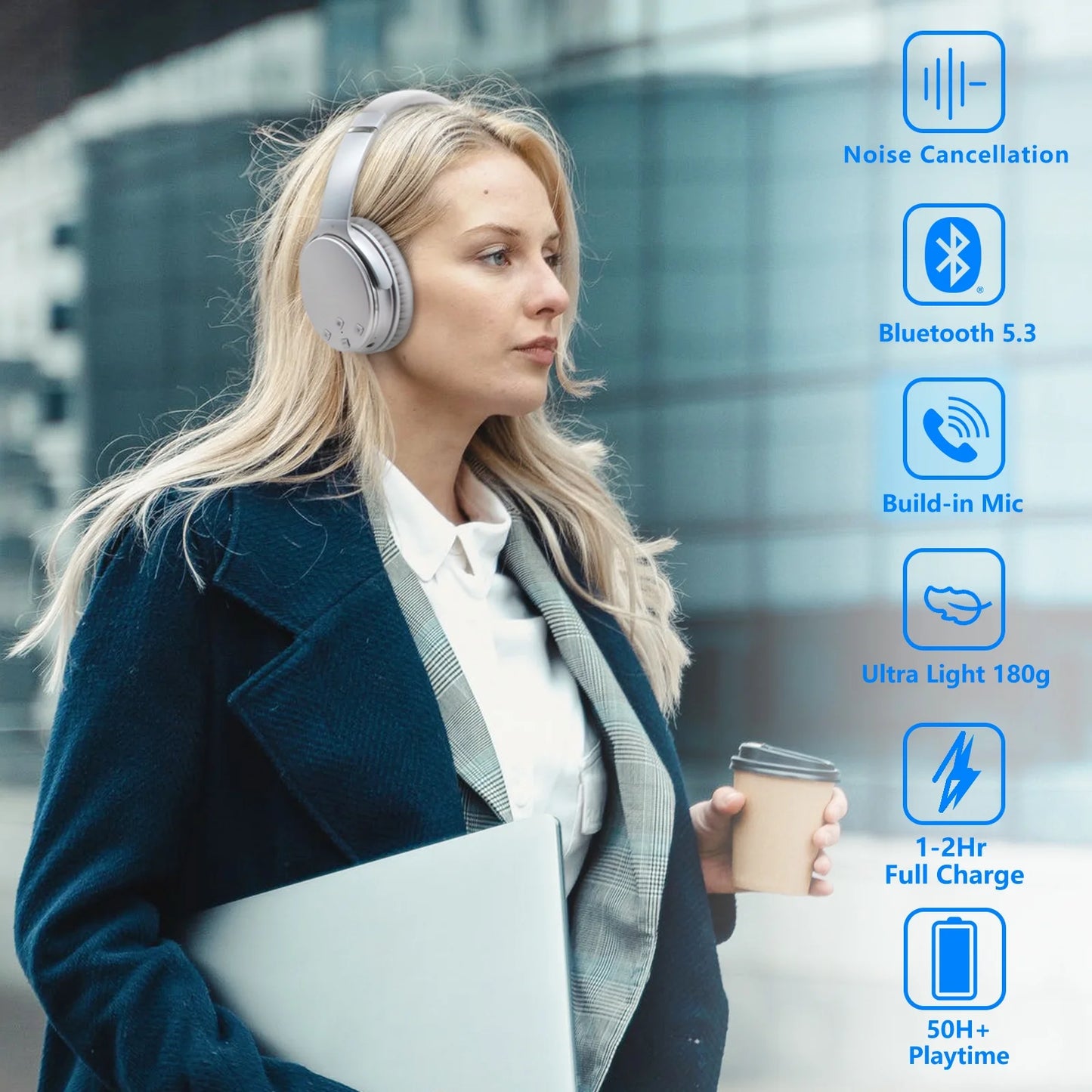 NC35 Noise Cancelling Headphones Wireless Bluetooth 5.3, Over-Ear Lightweight Headset with Microphones,50+ Hours’ Playtime