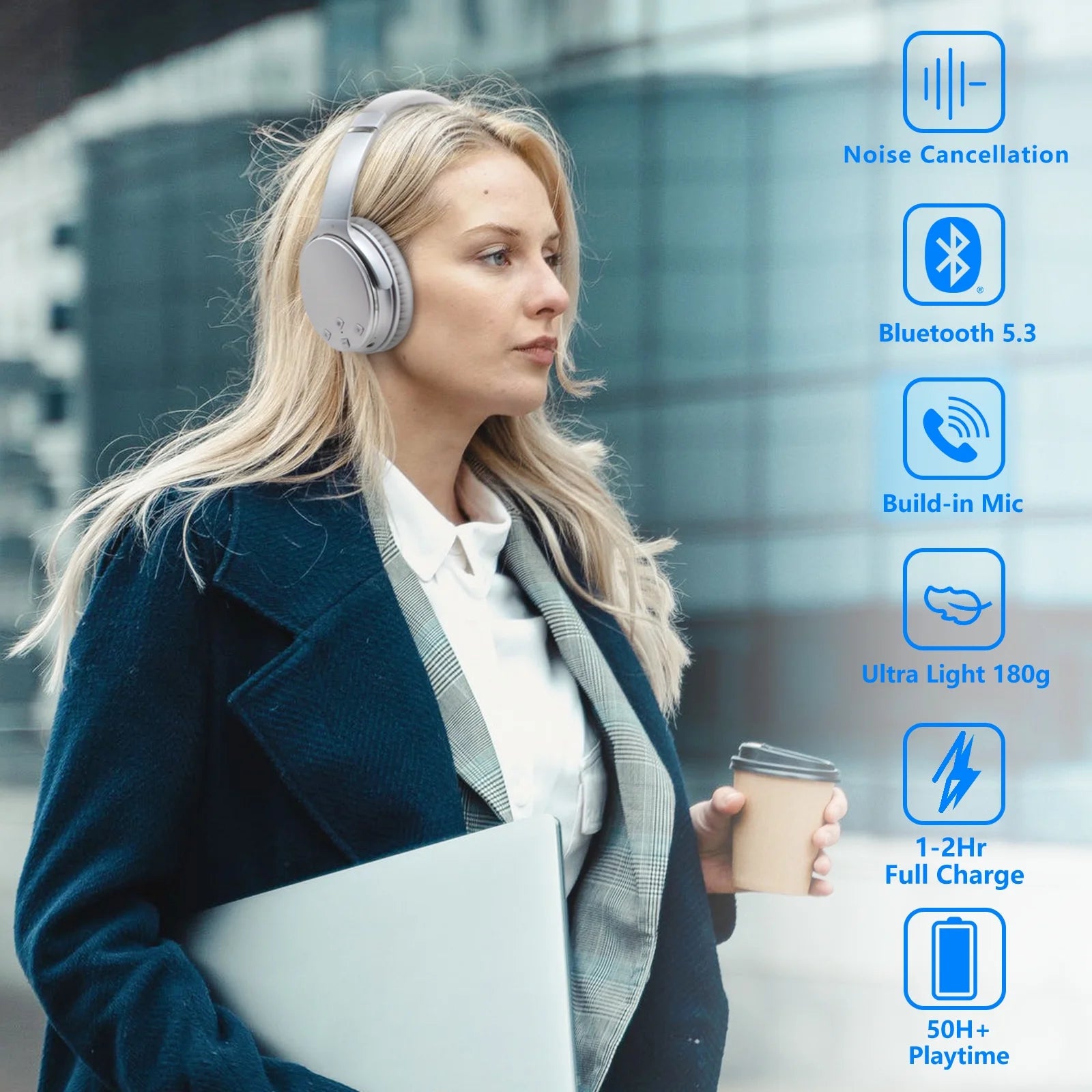 NC35 Noise Cancelling Headphones Wireless Bluetooth 5.3, Over-Ear Lightweight Headset with Microphones,50+ Hours’ Playtime