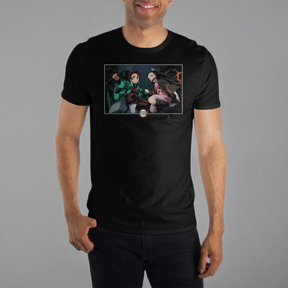 Demon Slayer Nezuko & Tanjiro Screenshot Crew Neck Short Sleeve Black T-Shirt