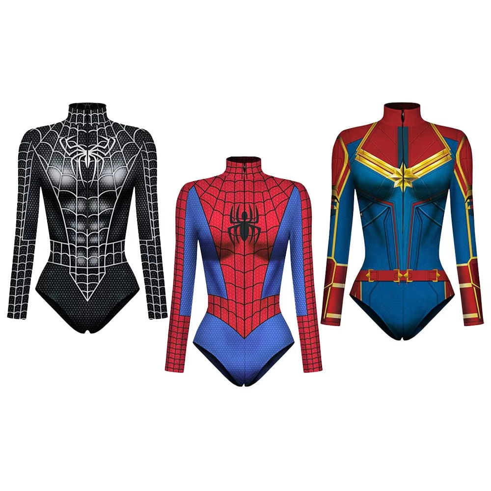 Spiderman Captain Superhero Swimsuit for Women Men 3D Print Long Sleeve Swim Bodysuit Cosplay Jumpsuit Halloween Carnival Outfit