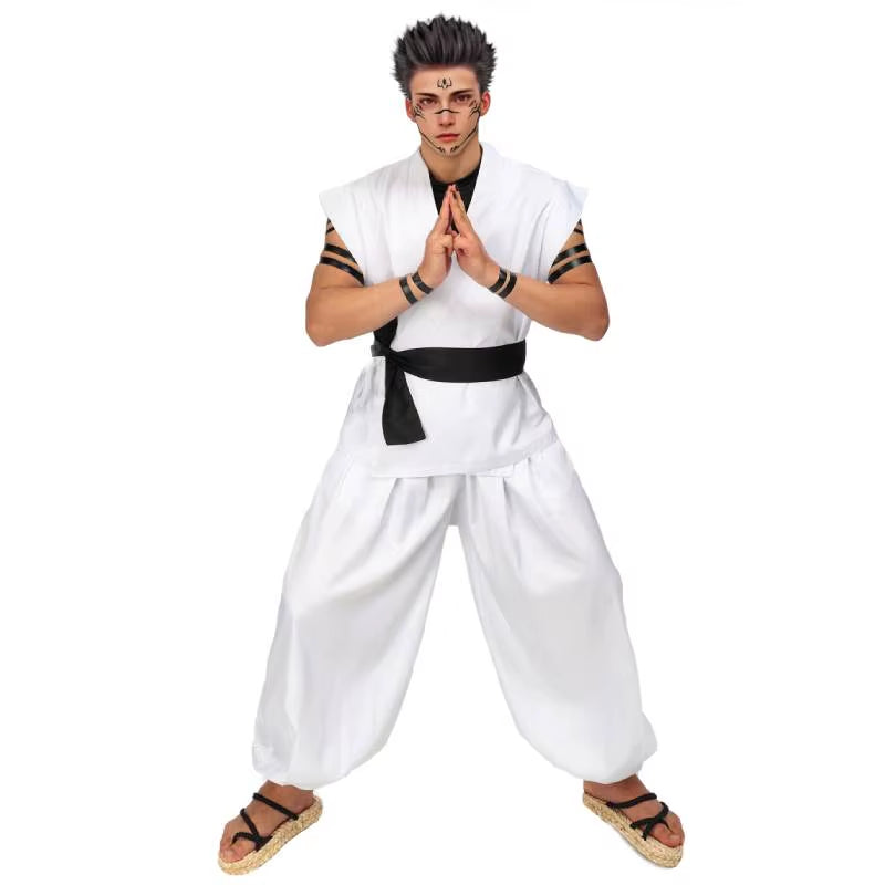 Men'S US Size Ryomen Sukuna Cosplay Costume White Kung Fu Suit with Tattoo Stickers for Halloween Comic Con Outfits