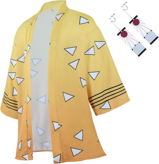 Anime Kamado Tanjirou Robes Cosplay Costume Cardigan Jacket Earrings Set (S, Yellow)