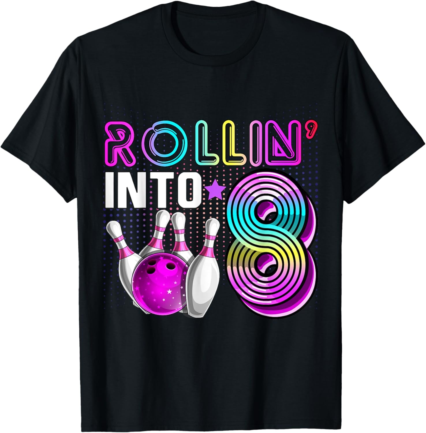 Rollin into 8 Bowling Birthday Party 8Th Birthday Retro Girl T-Shirt