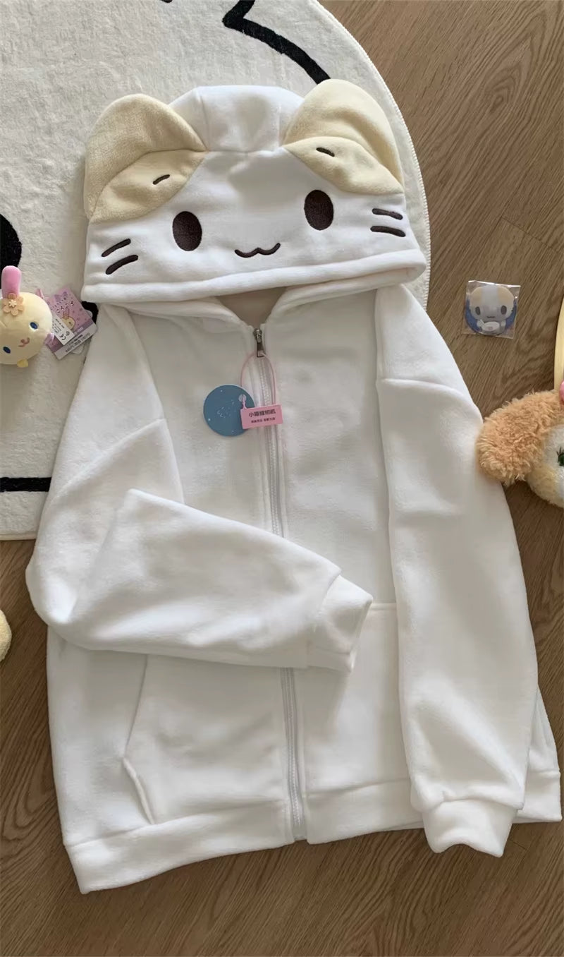 Masyumaro Fluffy Fuwa Nyanko Cat Zip up Hoodies Fleece Outerwears Tops Anime Cute Kawaii Winter Cloth Teen Girl Women Clothing