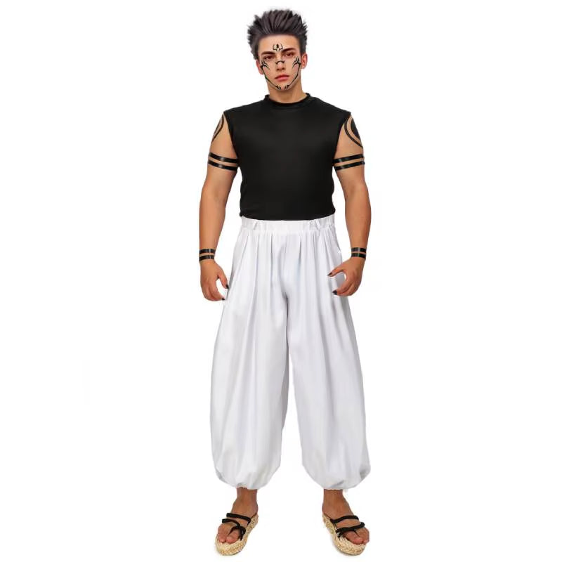 Men'S US Size Ryomen Sukuna Cosplay Costume White Kung Fu Suit with Tattoo Stickers for Halloween Comic Con Outfits