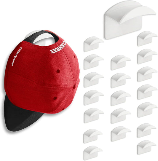 20-Pack Hat Hooks for Wall - Adhesive Hat Rack for Baseball Caps, Cap Organizer Holder | No Drilling | Stick on | (White)