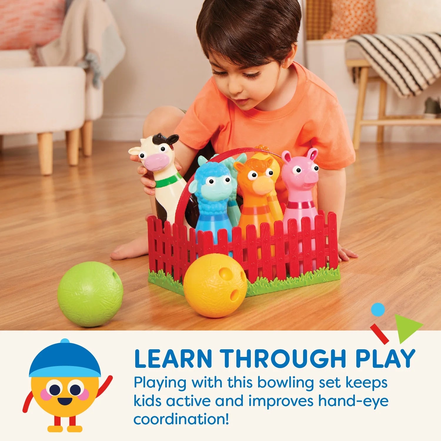 Barnyard Bowling Set with 6 Farm Animal Pins 2 Balls, Toddler and Preschool Toys