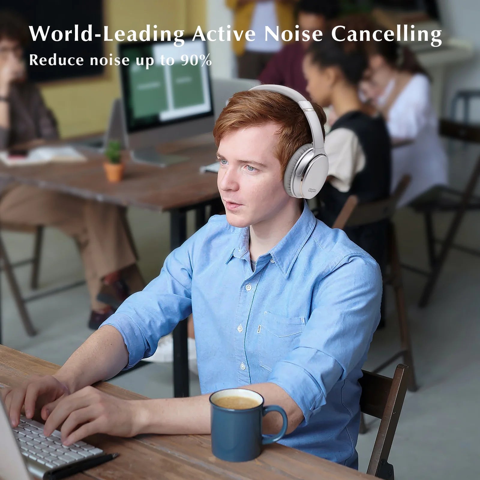 NC35 Noise Cancelling Headphones Wireless Bluetooth 5.3, Over-Ear Lightweight Headset with Microphones,50+ Hours’ Playtime