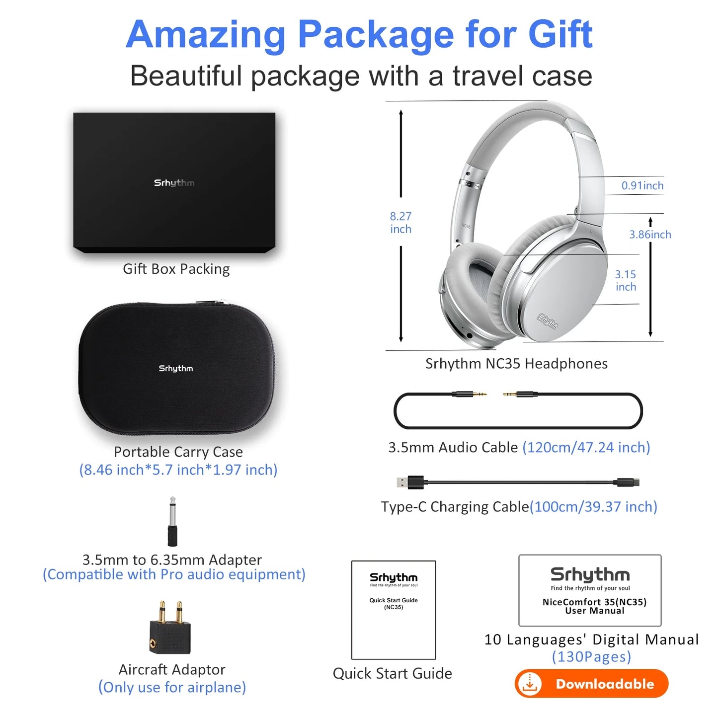 NC35 Noise Cancelling Headphones Wireless Bluetooth 5.3, Over-Ear Lightweight Headset with Microphones,50+ Hours’ Playtime