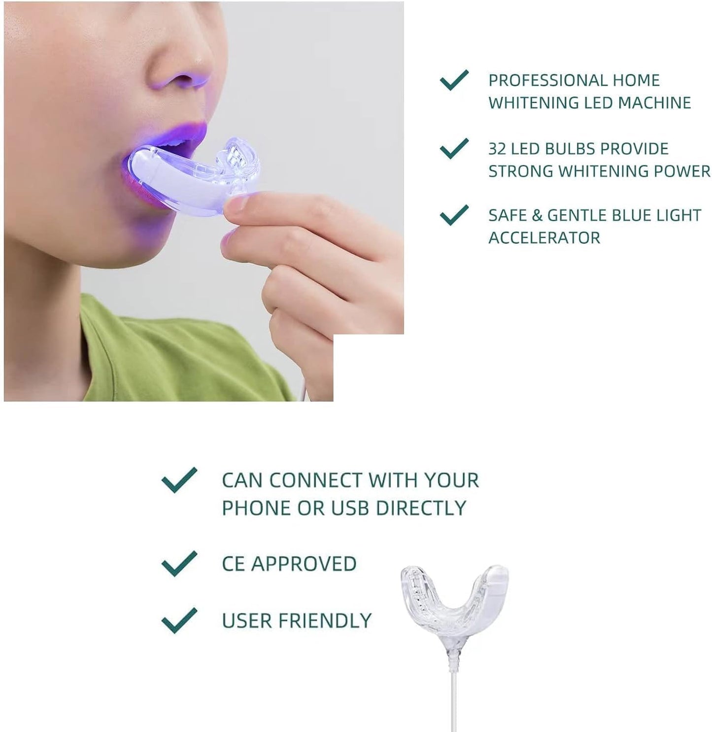 Teeth Whitening Accelerator Light, 32X Blue LED Light Mouth Tray Teeth Whitening Enhancer Light Trays Connected with Iphone/Android/Usb for Home Use