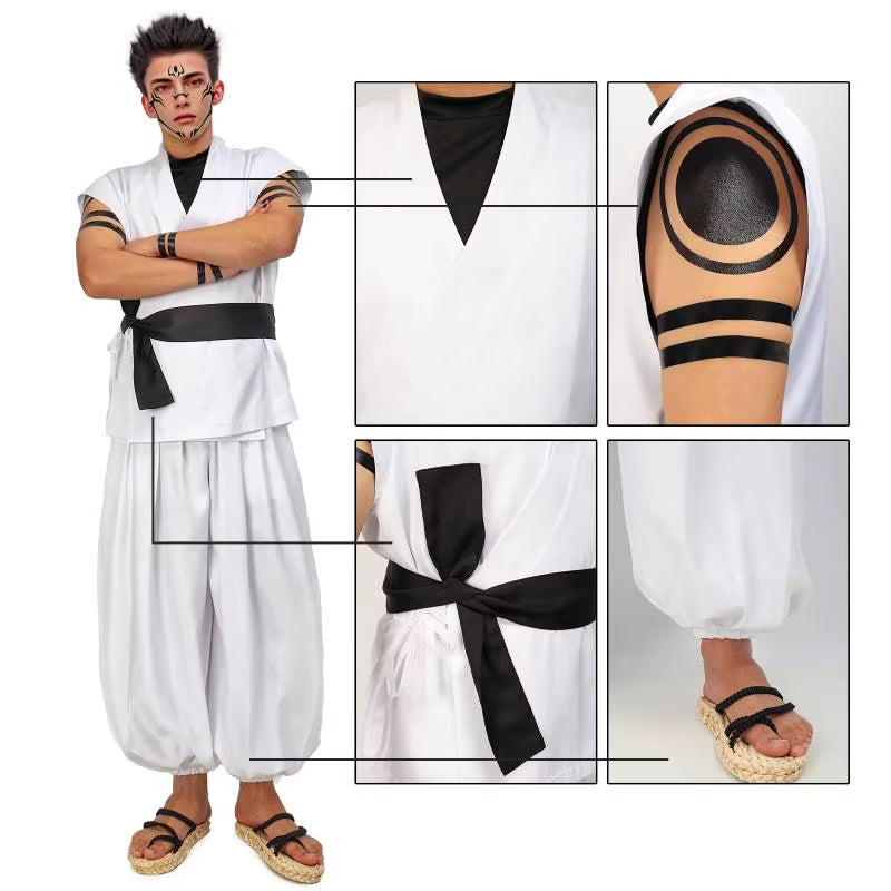 Men'S US Size Ryomen Sukuna Cosplay Costume White Kung Fu Suit with Tattoo Stickers for Halloween Comic Con Outfits