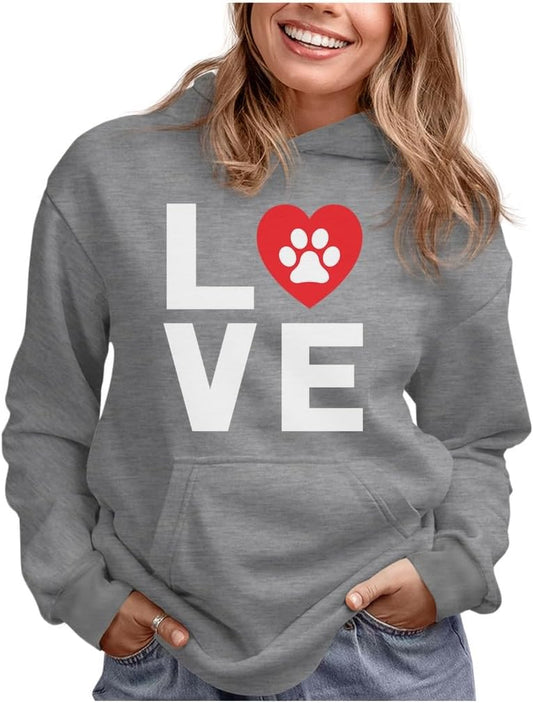 Love Dog Paw Print Sweatshirt Hoodie Gift for Women Teen Girls Dogs Lover Womens Hoodies