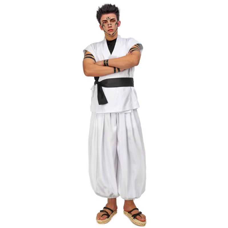 Men'S US Size Ryomen Sukuna Cosplay Costume White Kung Fu Suit with Tattoo Stickers for Halloween Comic Con Outfits